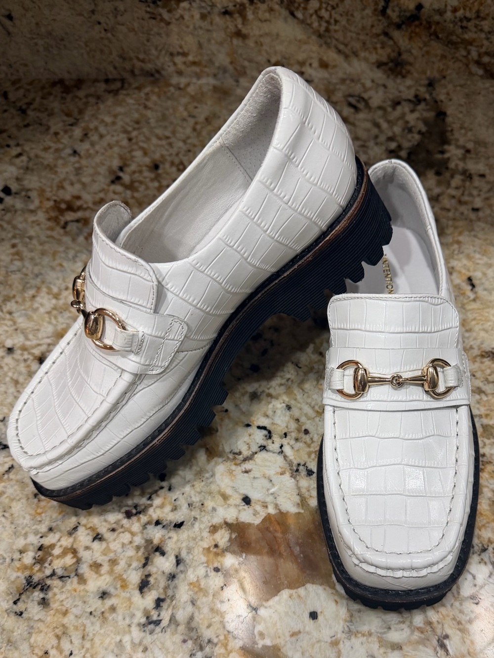 Intentionally Blank HK2 White Croc Leather Lug Sole Loafer Gold Bit